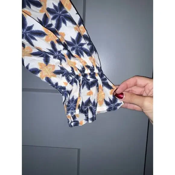 Ro's Garden Blue White Floral Lavinia Rachel Shirt Bell Cuff Block Cotton S - Picture 4 of 9